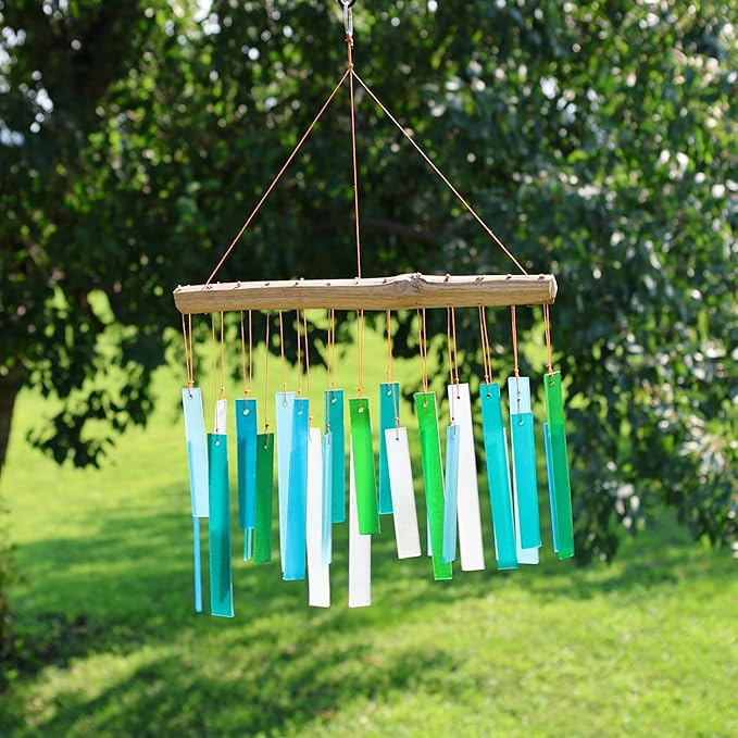 Blue Handworks Sea Glass and Driftwood Chime - Sandblasted Glass and Found Wood Hand Crafted Wind Chime
