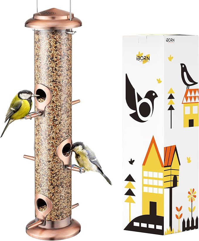 iBorn Metal Bird Feeders Brushed Copper Wild Bird Feeder for Outdoors Hanging All Metal Brushed Copper Finishing 15 Inch 6 Port(Seed is not Included)