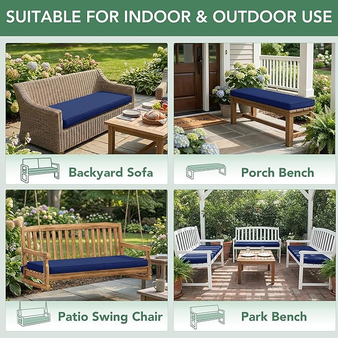 Outdoor Bench Cushion: Waterproof and Fade Resistant Patio Furniture Cushions - Non-Slip Bench Pad Cushion with Removable Cover for Garden Swing Porch Sofa Settee, 45 x 18 Inch, Navy Blue