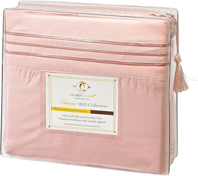 Clara Clark Bed Sheets, Premier 1800 Series 4 Piece Bed Sheet Set, Deep Pocket, Wrinkle, Fade, Stain Resistant, Luxury Soft Bedding Sheets & Pillowcases, Split King, Peach