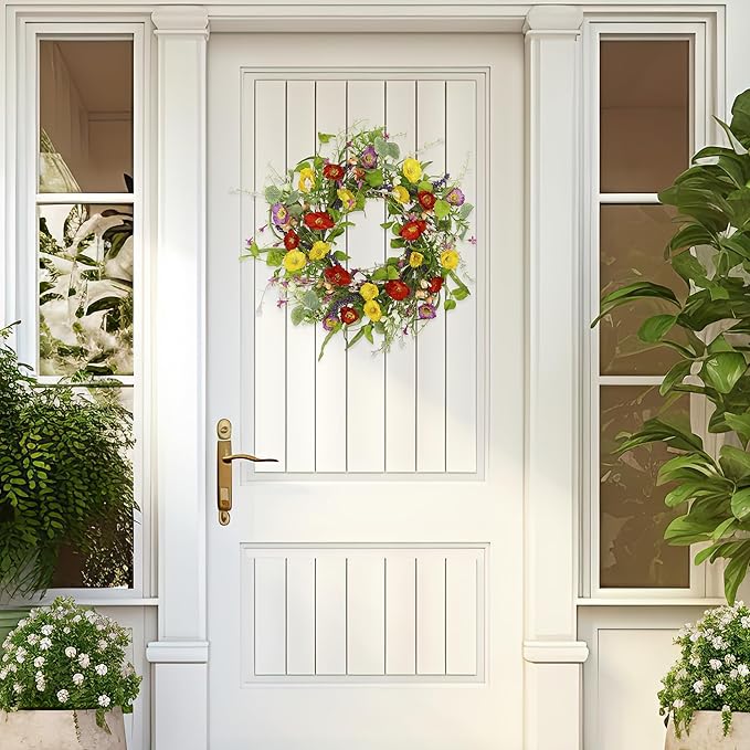 YNYLCHMX 18" Spring Summer Wreaths for Front Door, Artificial Floral Wreath with Green Eucalyptus Leaves, Green Foliage Wreath for Wall Window Farmhouse Party Holiday Home Decor