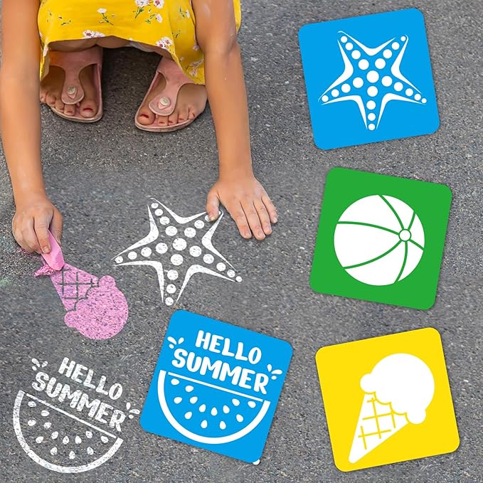 36pcs Summer Beach Drawing Stencils for Kids 8 Inch Sidewalk Chalk Stencils Painting Large Washable Reusable Tropical Palm Tree Themed Primary Shape Template for Kids Toddlers Preschool