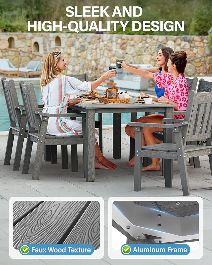 YEFU HIPS Patio Table Set: 5 Piece Outdoor Table and Chairs Dining Furniture Set with Umbrella Hole - Gray Modern Plastic Dining Sets 4 Person for Outside Deck with Metal Aluminum Frame
