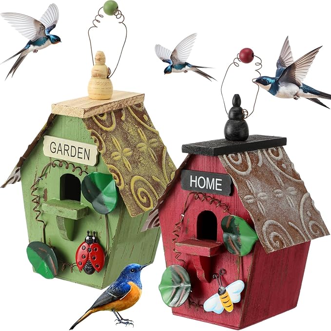 2 Pcs Decorative Birdhouse for Yard Outside Hanging Wooden Birdhouse Hand Painted Bird Box for Bird Lovers Bluebird Tree Swallow Wild Chickadee Garden Decor(Red,Green,Iron Roof)