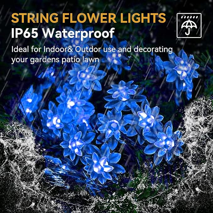 ITICdecor Solar Flower String Lights Outdoor Waterproof 50 LED Upgraded Flower Fairy Light for Garden Fence Patio Yard Christmas Tree Lawn Party (Blue)