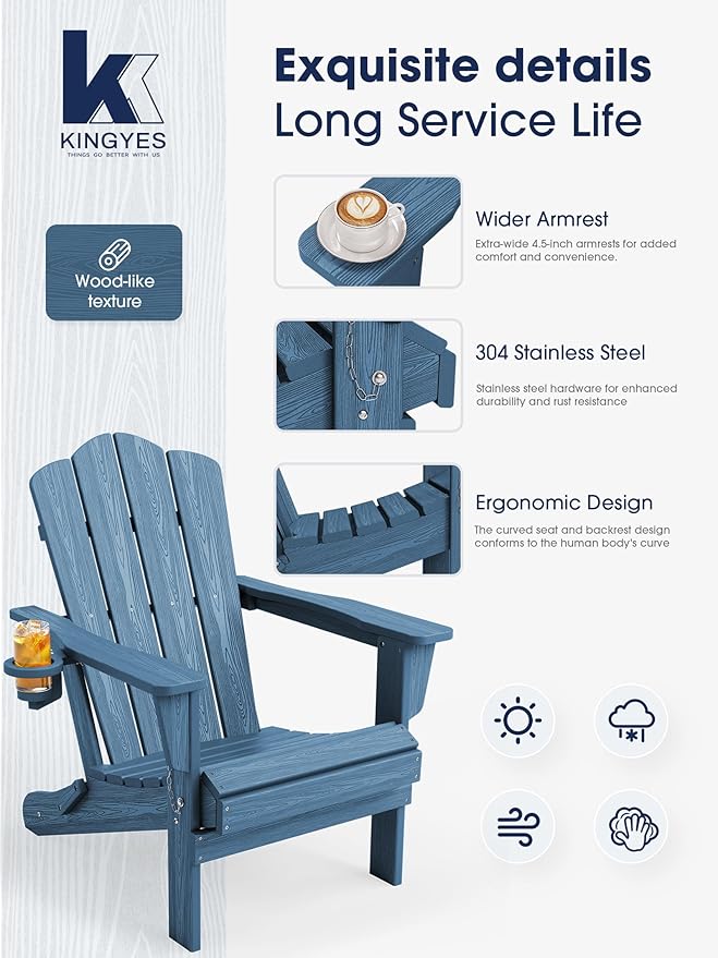KINGYES Folding Adirondack Chair Set of 8, HDPE All-Weather Patio Chairs with Cup Holder, Wooden Textured Fire Pit Chairs for Poolside, Backyard, Deck, Navy
