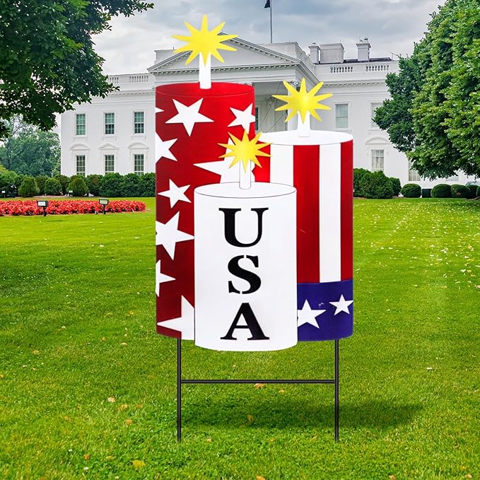 Amyhill 4th of July Outdoor Decor Patriotic Garden Stake 250th Anniversary Metal USA Firecracker Welcome Yard Sign, Red White Blue Decor for Independence Patio Lawn Walkway Outdoor Decorations