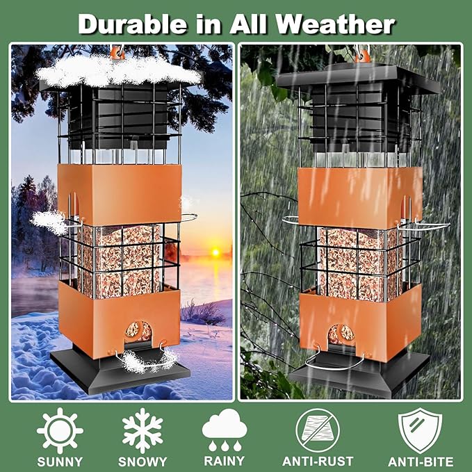 Squirrel Proof Bird Feeder,3Lbs Metal Birdfeeders Squirrel Proof with 4 Feeding Ports for Outside, Birds Seed Feeder for Outdoors, Cardinal, Finch, Sparrow (Brown)