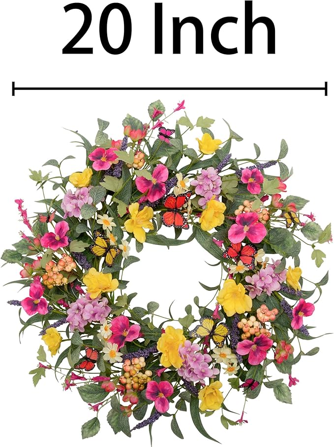 20 inch Flower Wreath Spring Door Wreath Artificial Summer Wreath Spring Decorations with Colorful Silk Flowers and Butterflies for Home Wedding Farmhouse Holiday Decor
