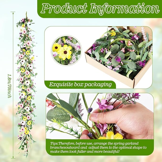 6.5 Ft Summer Flower Vine Garlands Artificial Wildflower Wisteria Lavender Daisy Spring Garland Not Withering Floral Wreath Garland All Year Round Home Decor for Indoor Outdoor Home Wedding Arch