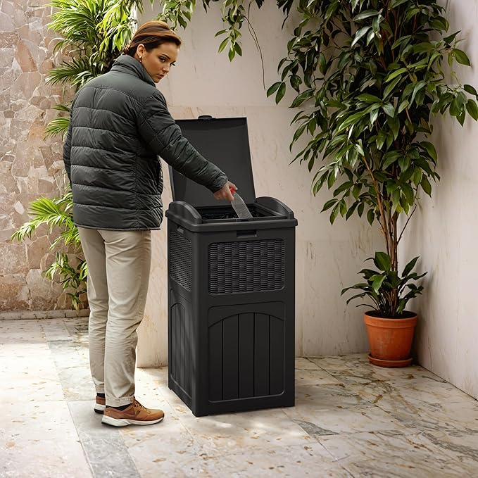 Greesum 33 Gallon Outdoor Trash Can with Lid, Waterproof Resin Garbage Bin for Hideaway, Deck, Patio, Dark Black