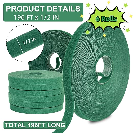 Plant Tape for Climbing Plants, 6 Rolls, 196 Ft x 1/2 Inch, Reusable Adjustable Green Garden Tape for Plants, Soft Plant Ties for Outdoor Indoor Plants