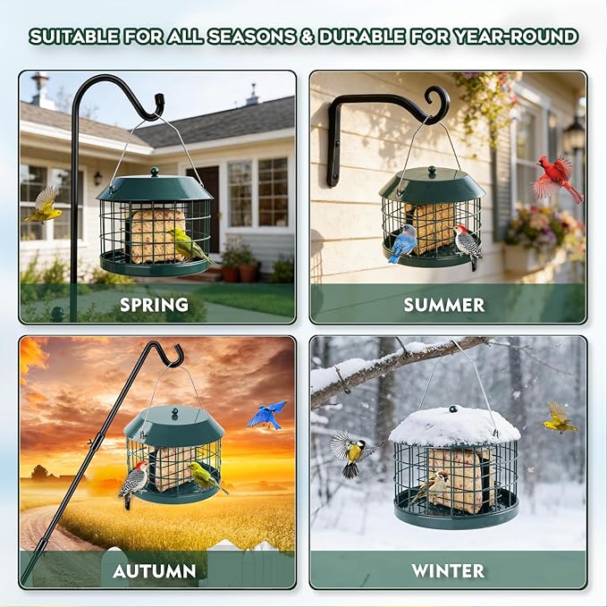 Caged Suet Bird Feeder for Outdoors Hanging, Squirrel Proof Double Suet Feeder for Small Birds, Metal Cage with Detachable Hook, Large Space, Outdoors Weatherproof, Green