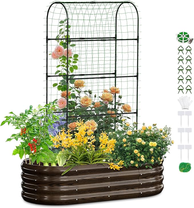SUNYRISY Galvanized Raised Garden Bed with 71in Arch Trellis for Climbing Plants, Outdoor Planter Box with Climbing Net for Gardening Flowers Vegetables Fruits Herbs, Wood Grain