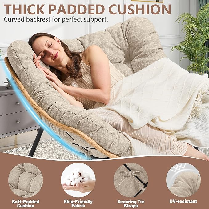 Outdoor Rocking Chair, Oversized Papasan Reading Chair Indoor with Thick Cushion, Comfy Rattan Rocker Egg Chair for Patio, Garden, Balcony, Lawn, Backyard, Bedroom, up to 450lbs, Beige
