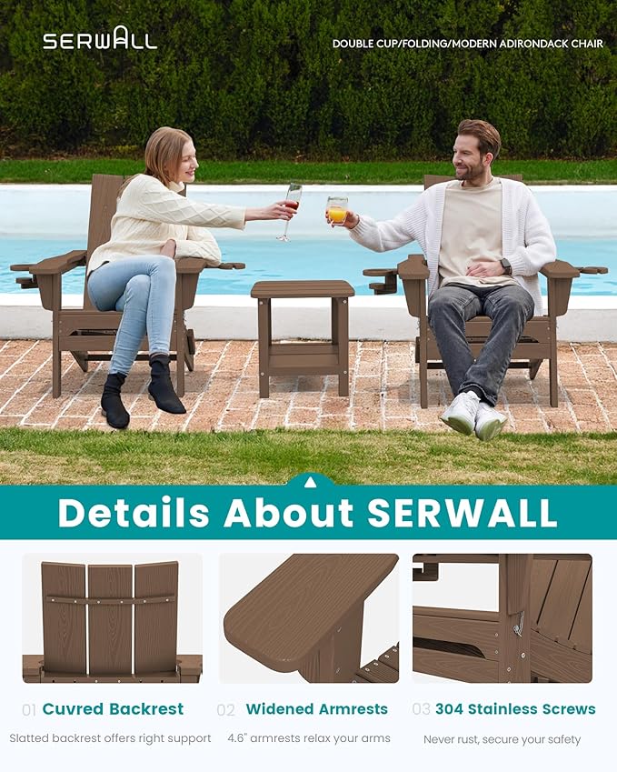 SERWALL Modern Adirondack Chair Set of 6, Folding Adirondack Chair with Cup Holders, Outdoor HDPE Fire Pit Chairs for All Weather Use, Brown