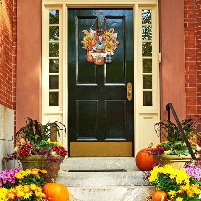 Boao Welcome Thanksgiving Door Decorations Thanksgiving Sign Hanging Decoration Wall Hanger Masquerade Carnival Wreath for Outdoor Farmhouse Porch Front Door Decor