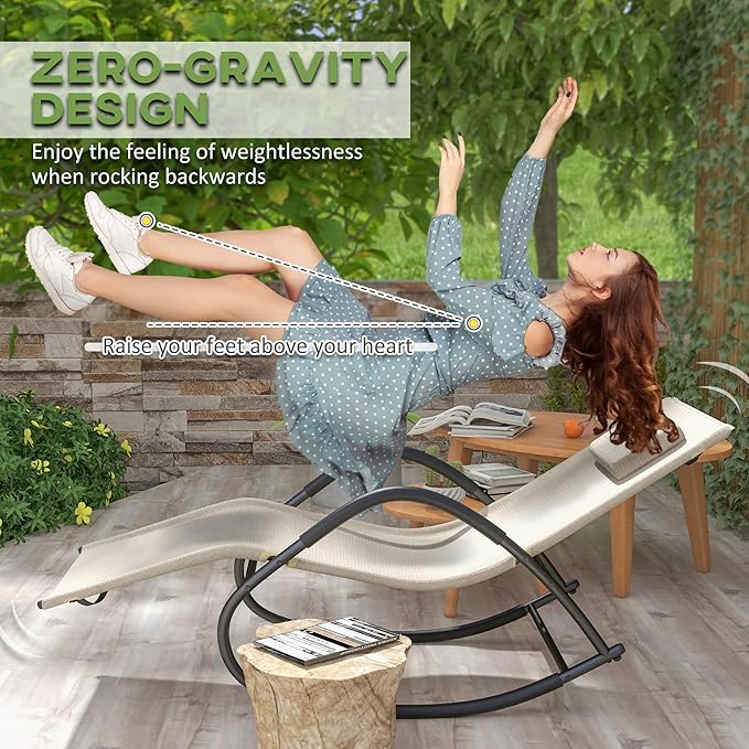 Outsunny Rocking Chair, Zero Gravity Patio Chaise Sun Lounger, Outdoor Rocker, UV Water Resistant, Pillow for Sunbathing, Lawn, Garden or Pool, Light Brown