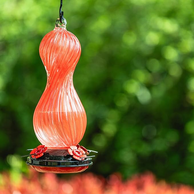 Hummingbird Feeder for Outdoors Hanging, Hand Blown Glass 24 OZ Capacity Hummingbird Bird Nectar Feeders with 4 Feeding Ports, Gifts for Women Mom Outside Garden Backyard Decor