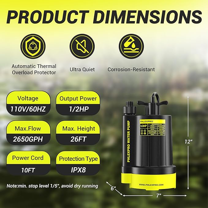 1/2HP Automatic Submersible Water Pump,110V Sump Pump Submersible with 3/4” Garden Hose Check Valve Adapter,2650 GPH Water Removal for Swimming Pool Cover Hot Tubs Flooded House Basement