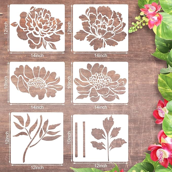6 PCS Large Flower Stencils, Sunflower Peony Reusable Plastic Paint Templates for Painting on Wood, Floral Plant Stencils Set for Garden Fence Wall Mural Wood Furniture Fabrics Art DIY Craft Decor