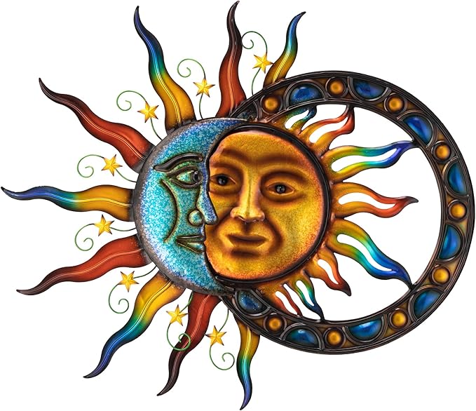 Glitzhome Sun and Moon Wall decor, Metal Stylish and Artistic Sun and Moon Yard Art with Sturdy Powder-Coated Various Color Decorative Garden Sign for Outdoor and Indoor