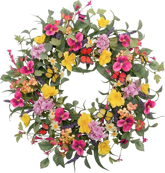 20 inch Flower Wreath Spring Door Wreath Artificial Summer Wreath Spring Decorations with Colorful Silk Flowers and Butterflies for Home Wedding Farmhouse Holiday Decor