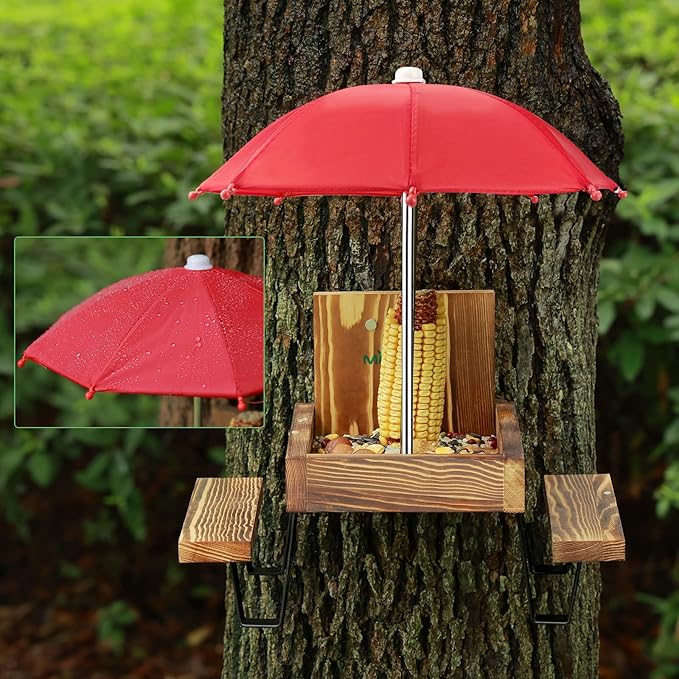 MIXXIDEA Squirrel Feeder Table, Wooden Squirrel Picnic tbale Feeder, Sturdy Squirrel Feeders for Outside with Solid Structure Chipmunk Feeder with Corn Cob Holder