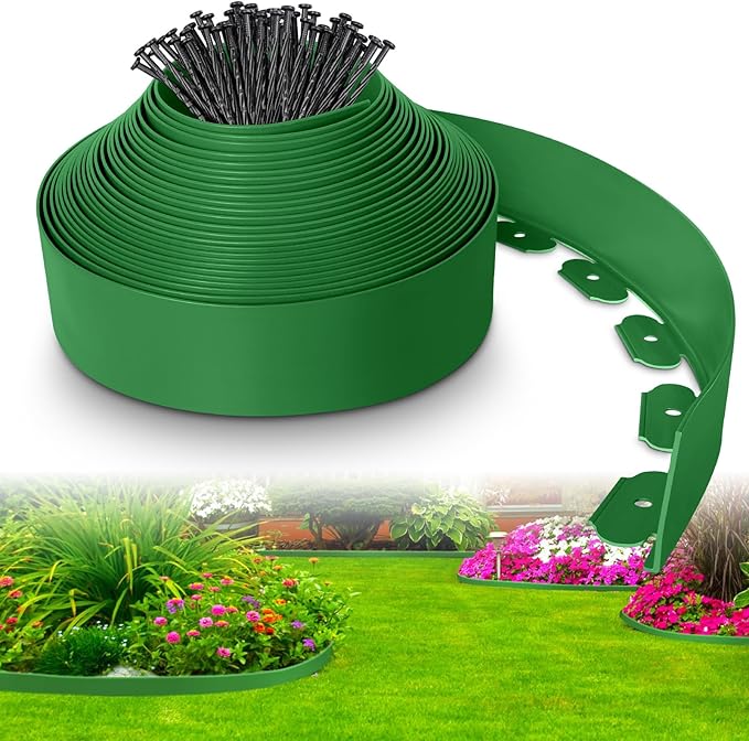 4-Inch x 33 FT Landscape Edging Border with 50 Spikes, Garden Edging Lawn Edging Border Kit, Plastic Edging Border Flexible for Garden Flower Beds Lawn Yard Pathway (Green)