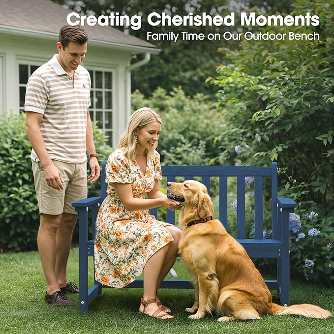 Ciokea 48" Outdoor Bench, HDPE Weatherproof Porch Bench, 2-Person Garden Benches with 550 Lbs, Waterproof Patio Benches for Outside Balcony Deck Backyard, Navy Blue