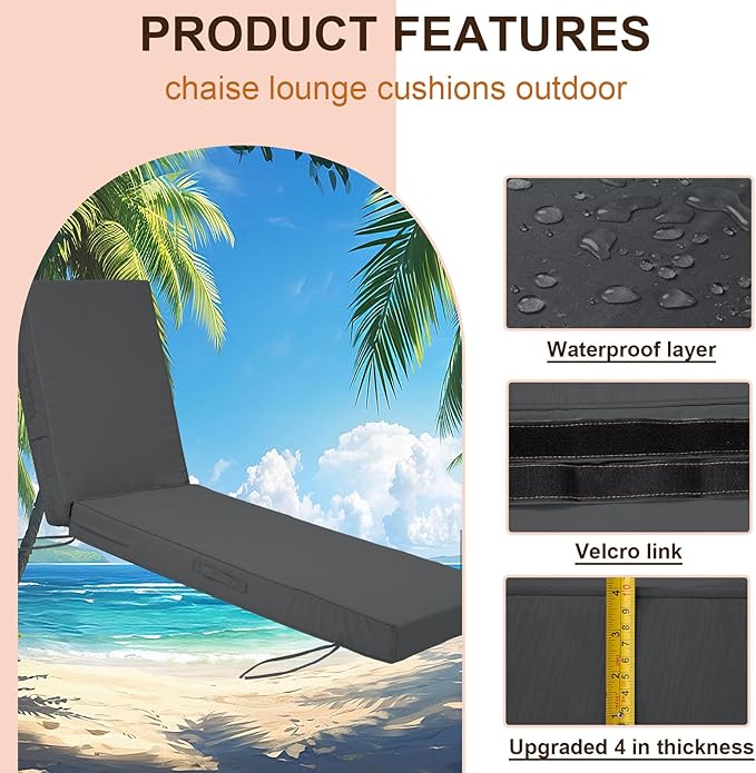 Outdoor Chaise Lounge Cushion, 4 Inch Thick Waterproof Fade Resistant Patio Furniture Lounger Chair Cushion Pad for Pool (1, Dark Gray, 72'' L x 21'' W x 4" T)