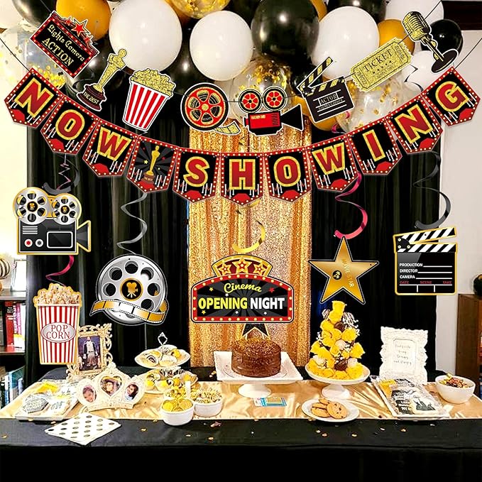 Movie Night Party Decorations Hanging, Movie Birthday Banners, Party Supplies Decor Decorations Decoration Banner Microphone Ticket for Theater Birthday Women Men The Kids' Boys Girls