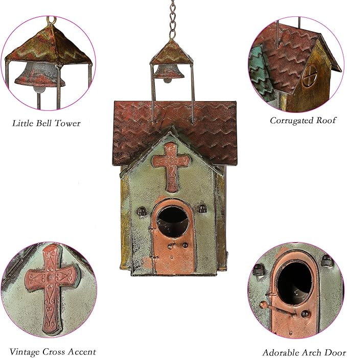 Bird Houses for Outside, Metal Hanging Church Birdhouse