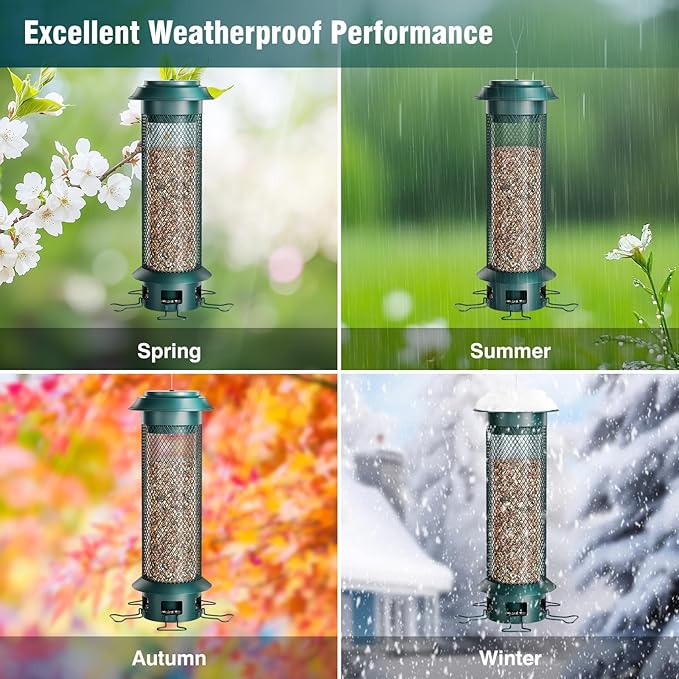 Large Squirrel-Proof Bird Feeder with Removable Tray, Weight-Activated Outer Cage, 5 Perches, 4 lb Capacity, Easy to Fill & Spill-Proof, Tube Bird Feeder for Outdoor Cardinals, Finches