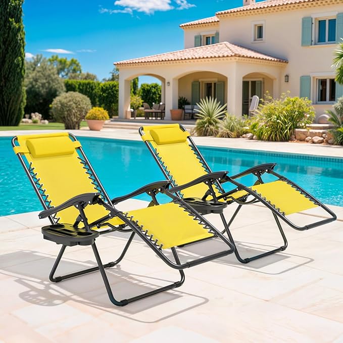 Magshion Zero Gravity Lounge Chairs Set of 2, Outdoor Patio Reclining Chair with Side Tray, Adjustable Anti-Gravity Recliners with Pillow Headrest, Folding Lounger for Lawn Camping Beach, Yellow