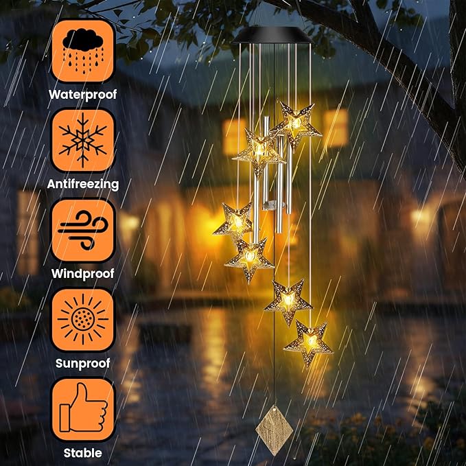 Solar Wind Chimes for Outside Waterproof Hanging Wind Chimes Lights Outdoor Decor Yard Garden Gifts for Mother Mom Grandma Wife Neighbors(Star,Warm Colored Lights)