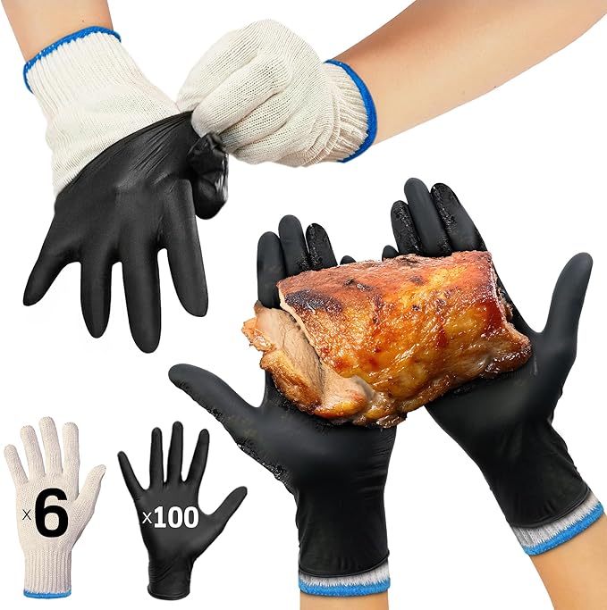 Raxwell BBQ Gloves - Heat-Resistant Gloves for Cooking - Food-Grade Non-Slip Grip & Essential Grilling Accessories - Fingered Oven Shields - X-Large, 6 Cotton Liners, 100-Count Nitrile