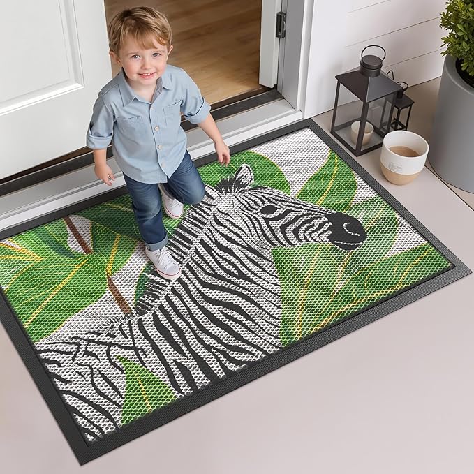 LUMI Outside Door Mat 32x47, Non Slip Rubber Backing Doormat, Low Profile Easy Clean Entrance Mats for Front Back Door Entryway Porch Garage, Zebra