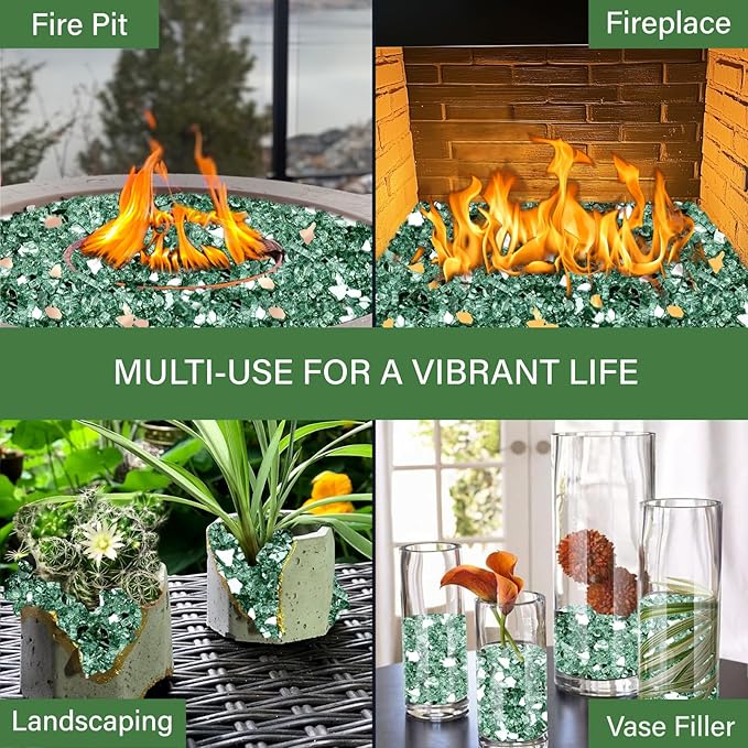 NUPICK 5 Pound Fire Glass, 1/4 Inch Reflective Fire Pit Glass, Tempered Firepit Glass Rock for Propane or Natural Gas, Glass Rocks for Fire Pit Table, Fireplace Glass for Landscaping, Green