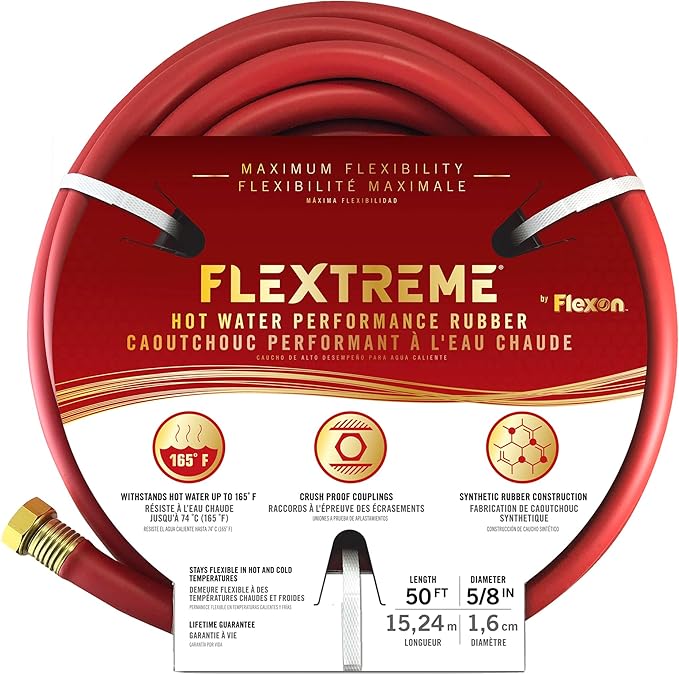 Flexon Flextreme 5/8" x 50ft Red Synthetic Performance Rubber Garden Hose – Lightweight, All-Weather Flexibility, Heavy-Duty, Kink-Resistant, Solid Brass Couplings, Watering Hose for Lawn & Garden