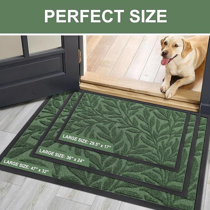 Smiry Front Door Mat Indoor Outdoor Entrance, Heavy Duty Natural Rubber, Trap Dirt and Moisture, Non-Slip Doormats, Low Profile, Easy Clean Patio Porch Entryway Mat, 29.5x17, Green