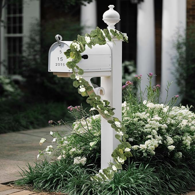 CISDUEO 2 Pcs Spring Summer Flower Garland Geranium Artificial Garland Outdoors White Geranium Artificial Flowers UV Resistant Hanging Basket Floral Garland for Porch Farmhouse Centerpiece Decor