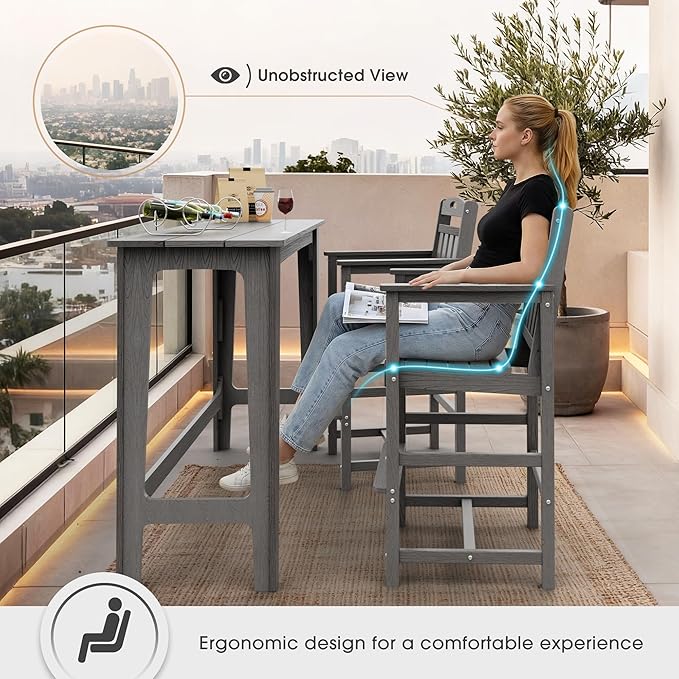 Ciokea Set of 2 Outdoor Tall Bar Chairs, 27" Bar Height Patio Stools with Arms & High Back, Heavy Duty All-Weather Adirondack Tall Chairs for Balcony, Poolside, Deck and Garden, Grey