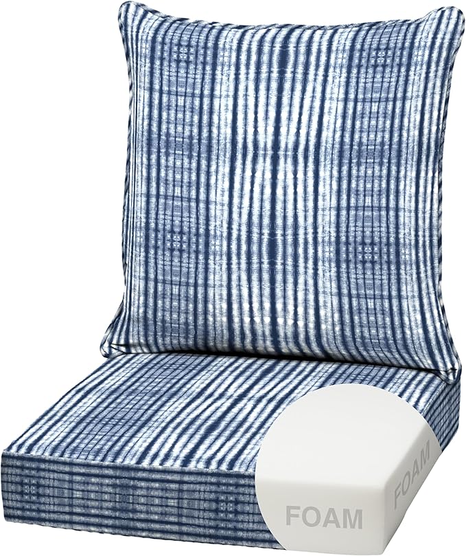 Arden Outdoor Foam Deep Seat Cushion Set, 22 in x 24 in, Weather-Proof, Rain-Proof, Fade Resistant Patio Cushion, Bottom and Back Cushion for Chair, Sofa, and Couch Blue Shibori Stripe