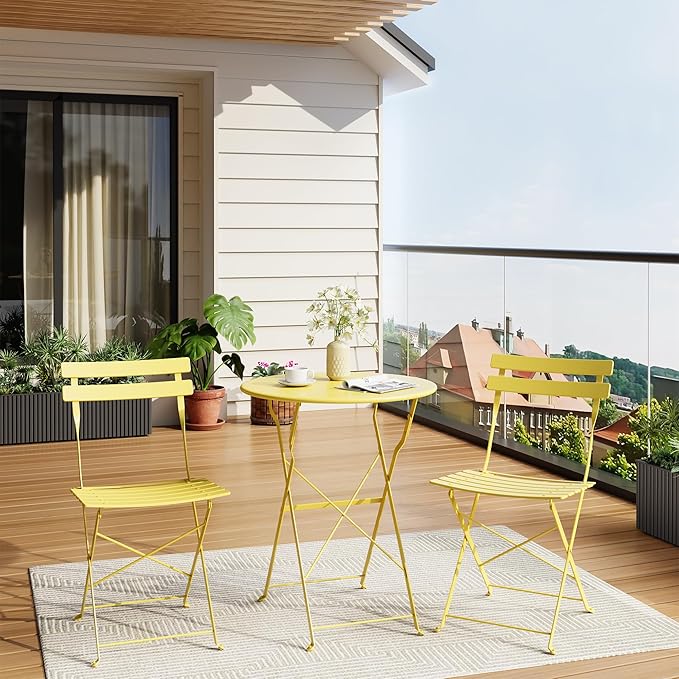Bistro Table and Chairs Set of 2, 3 Piece Outdoor/Indoor Folding Patio Bistro Sets, 2 Chair Patio Furniture Set with Table, Premium Frame Foldable Coffee Tables for Balcony, Yard, Garden, Yellow