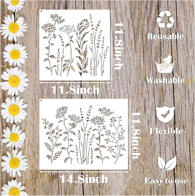 Large Flower Stencils for Painting on Wall, Wildflower Stencils for Crafts Reusable Spring Plant Floral Stencil Templates for Garden Walls Fence Floor Furniture Shirts Canvas (flower6)