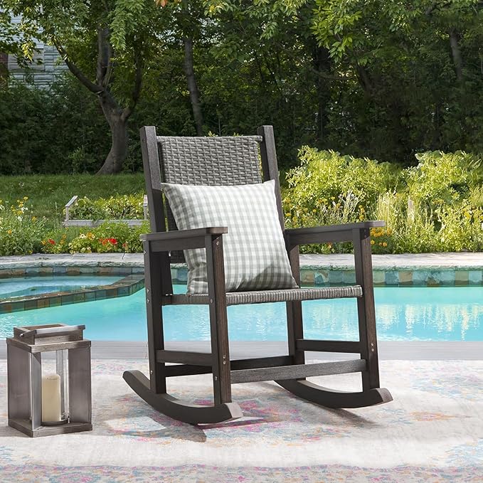 Rocking Chair Outdoor, Wicker Rocking Chair for Outside, Woven Seat & Back, All Weather Ratten Outdoor for Porch, Garden, Lawn, and Balcony (Dark)