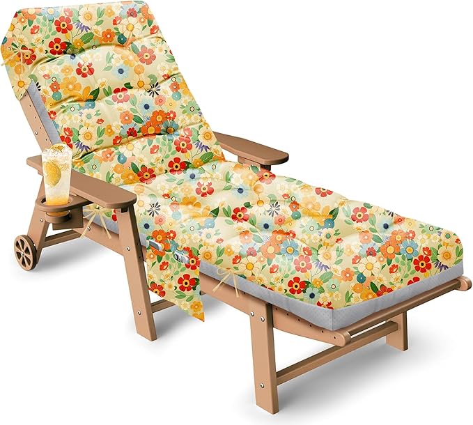 Outdoor Chaise Lounge Chair Cushion, 71 x 22 x 4.7 Inches Waterproof Chaise Lounge Cushions Replacement for Outdoor Furniture, Thickened Non-Slip Patio Lounge Chair Cushions, Daisy