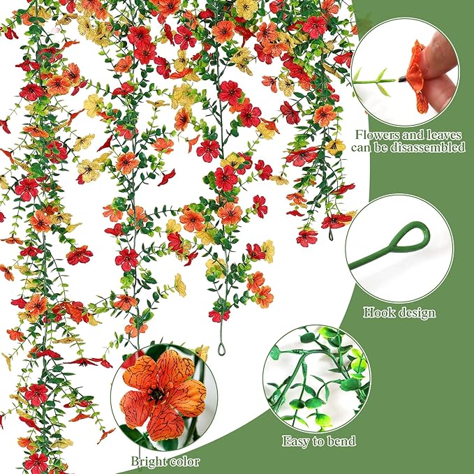 4 Pack Artificial Flowers Garland Ivy,Spring Summer Decor UV Resistant Fake Daisy Vines Floral Vine Silk Hanging Flower for Decor Home Garden Wedding Photo Booth Backdrop (Red Orange Yellow)