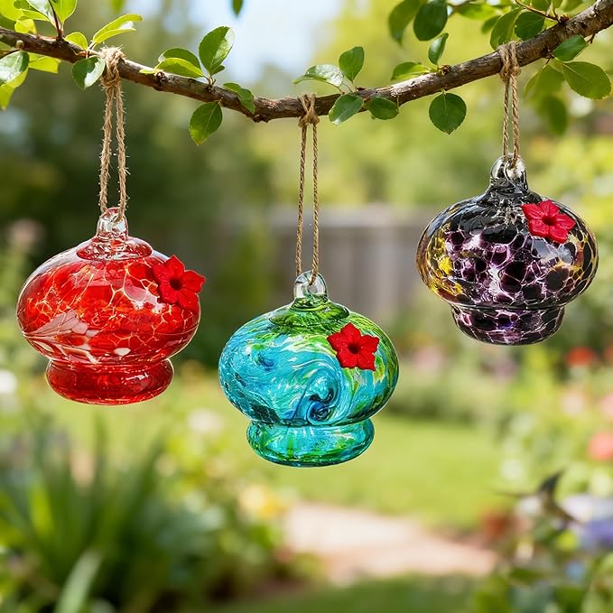3 Pack Glass Hummingbird Feeders for Outdoors 3in Small Hand Blown Glass Bird Feeder with Flower Feeding Ports for Backyard Garden Decorations